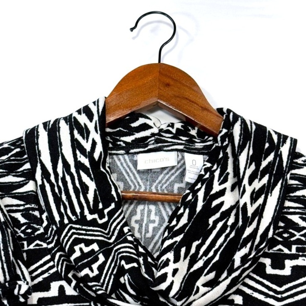 Chico's Pullover Cowl Neck White Black Aztec Print Long Sleeve Sz‎ 0